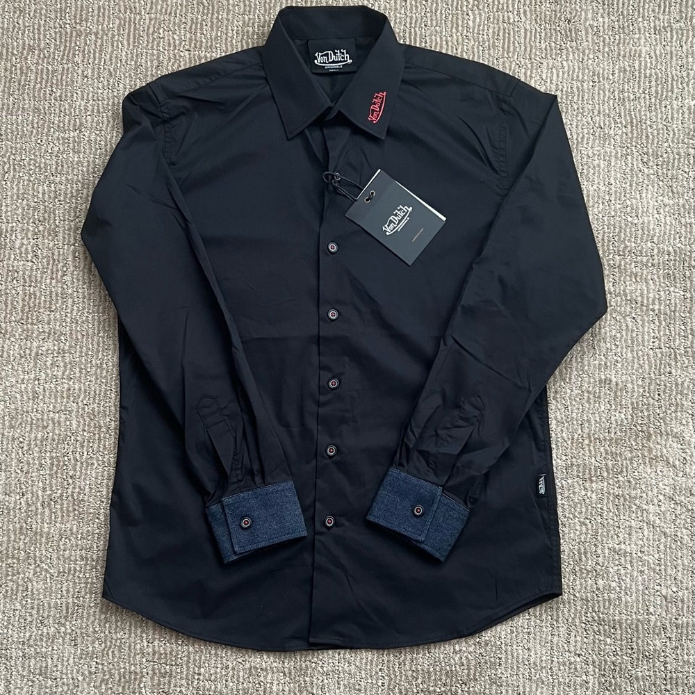 Von Dutch Originals Men’s Black Button Up Long Sleeve Denim Cuffs Small NWT